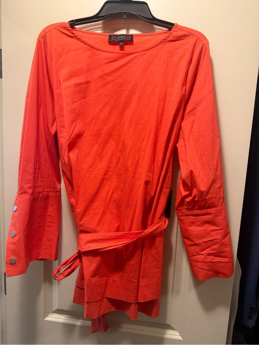 Eloquii Bright Coral Tie-Waist Tunic with Button Cuffs